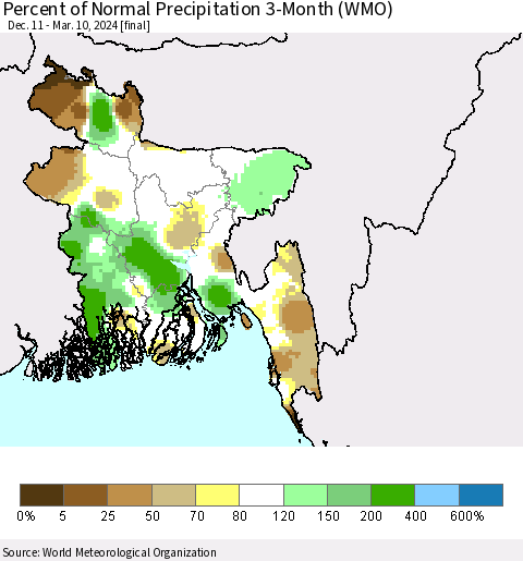 Bangladesh Percent of Normal Precipitation 3-Month (WMO) Thematic Map For 12/11/2023 - 3/10/2024