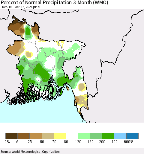 Bangladesh Percent of Normal Precipitation 3-Month (WMO) Thematic Map For 12/16/2023 - 3/15/2024