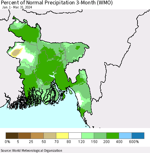 Bangladesh Percent of Normal Precipitation 3-Month (WMO) Thematic Map For 1/1/2024 - 3/31/2024