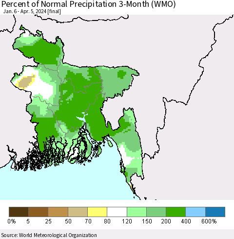 Bangladesh Percent of Normal Precipitation 3-Month (WMO) Thematic Map For 1/6/2024 - 4/5/2024