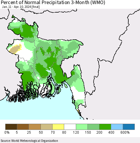 Bangladesh Percent of Normal Precipitation 3-Month (WMO) Thematic Map For 1/11/2024 - 4/10/2024