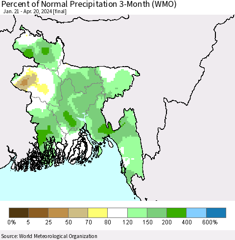 Bangladesh Percent of Normal Precipitation 3-Month (WMO) Thematic Map For 1/21/2024 - 4/20/2024