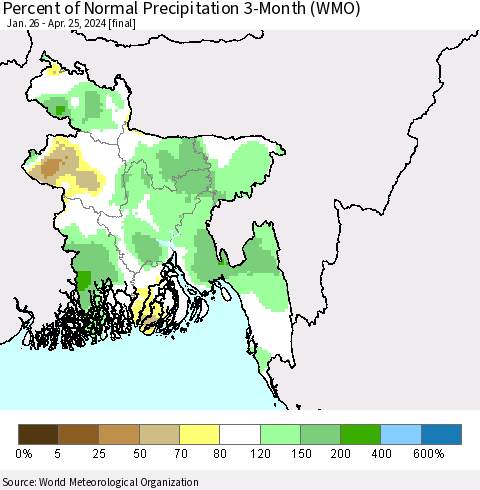 Bangladesh Percent of Normal Precipitation 3-Month (WMO) Thematic Map For 1/26/2024 - 4/25/2024