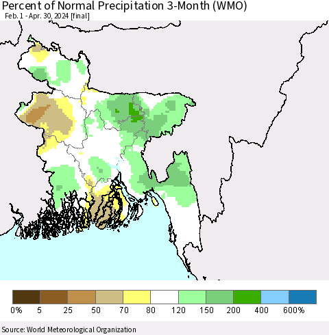 Bangladesh Percent of Normal Precipitation 3-Month (WMO) Thematic Map For 2/1/2024 - 4/30/2024