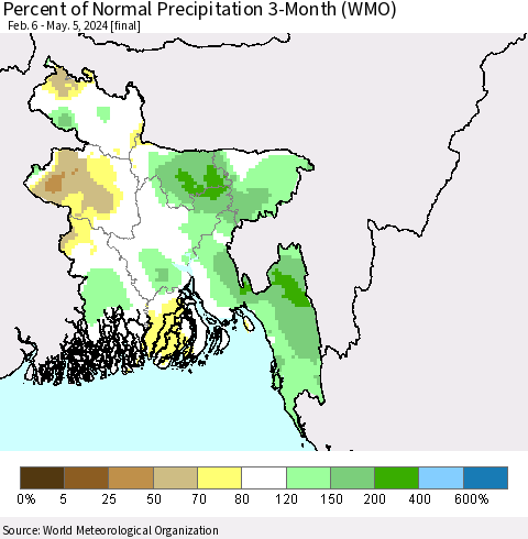 Bangladesh Percent of Normal Precipitation 3-Month (WMO) Thematic Map For 2/6/2024 - 5/5/2024