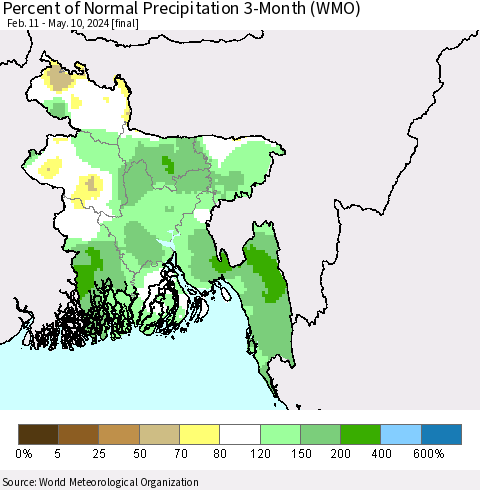 Bangladesh Percent of Normal Precipitation 3-Month (WMO) Thematic Map For 2/11/2024 - 5/10/2024