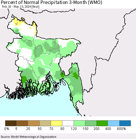 Bangladesh Percent of Normal Precipitation 3-Month (WMO) Thematic Map For 2/16/2024 - 5/15/2024