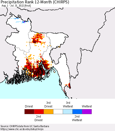 Bangladesh Precipitation Rank since 1981, 12-Month (CHIRPS) Thematic Map For 8/1/2021 - 7/31/2022