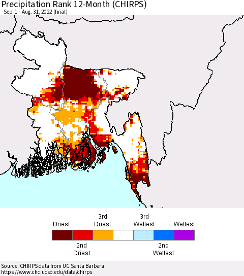 Bangladesh Precipitation Rank since 1981, 12-Month (CHIRPS) Thematic Map For 9/1/2021 - 8/31/2022