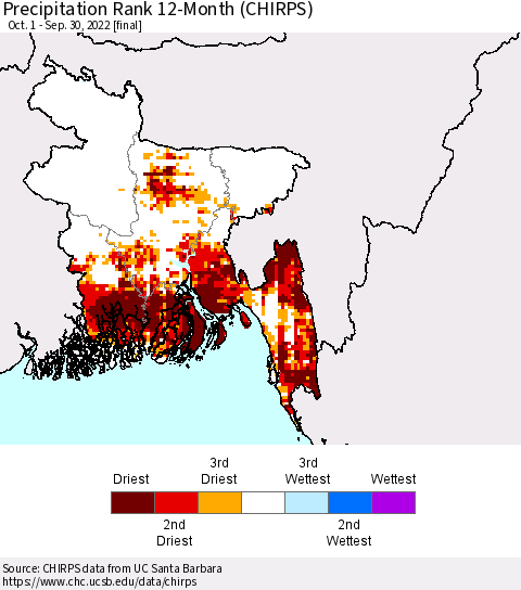 Bangladesh Precipitation Rank since 1981, 12-Month (CHIRPS) Thematic Map For 10/1/2021 - 9/30/2022
