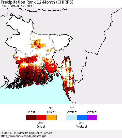 Bangladesh Precipitation Rank since 1981, 12-Month (CHIRPS) Thematic Map For 11/1/2021 - 10/31/2022