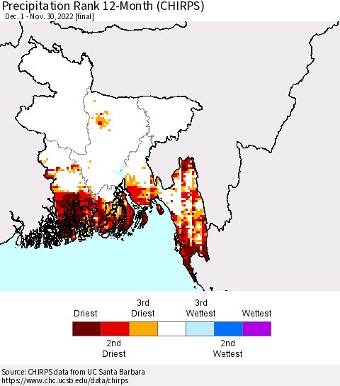 Bangladesh Precipitation Rank since 1981, 12-Month (CHIRPS) Thematic Map For 12/1/2021 - 11/30/2022