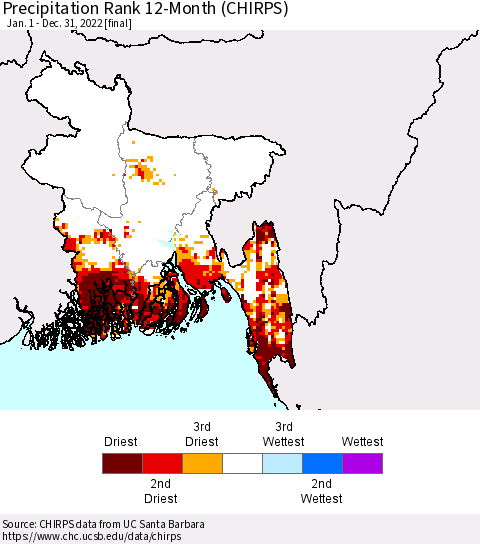 Bangladesh Precipitation Rank since 1981, 12-Month (CHIRPS) Thematic Map For 1/1/2022 - 12/31/2022