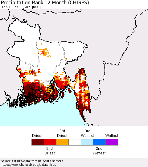 Bangladesh Precipitation Rank since 1981, 12-Month (CHIRPS) Thematic Map For 2/1/2022 - 1/31/2023