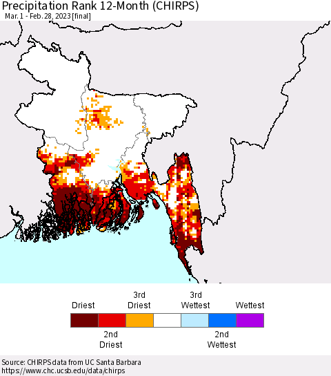 Bangladesh Precipitation Rank since 1981, 12-Month (CHIRPS) Thematic Map For 3/1/2022 - 2/28/2023