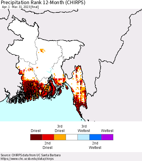 Bangladesh Precipitation Rank since 1981, 12-Month (CHIRPS) Thematic Map For 4/1/2022 - 3/31/2023