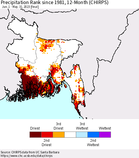 Bangladesh Precipitation Rank since 1981, 12-Month (CHIRPS) Thematic Map For 6/1/2022 - 5/31/2023
