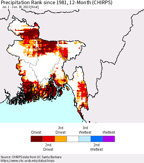 Bangladesh Precipitation Rank since 1981, 12-Month (CHIRPS) Thematic Map For 7/1/2022 - 6/30/2023