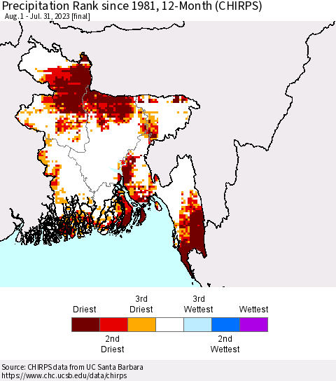 Bangladesh Precipitation Rank since 1981, 12-Month (CHIRPS) Thematic Map For 8/1/2022 - 7/31/2023