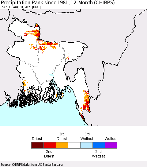 Bangladesh Precipitation Rank since 1981, 12-Month (CHIRPS) Thematic Map For 9/1/2022 - 8/31/2023