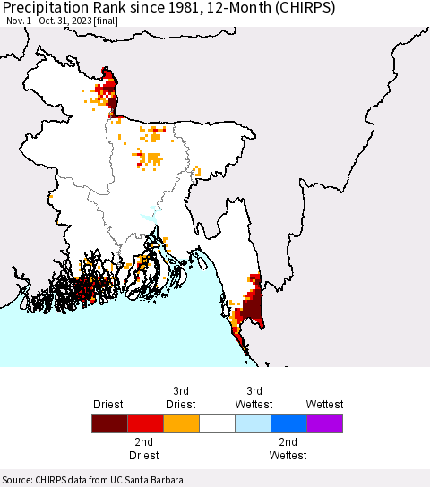 Bangladesh Precipitation Rank since 1981, 12-Month (CHIRPS) Thematic Map For 11/1/2022 - 10/31/2023