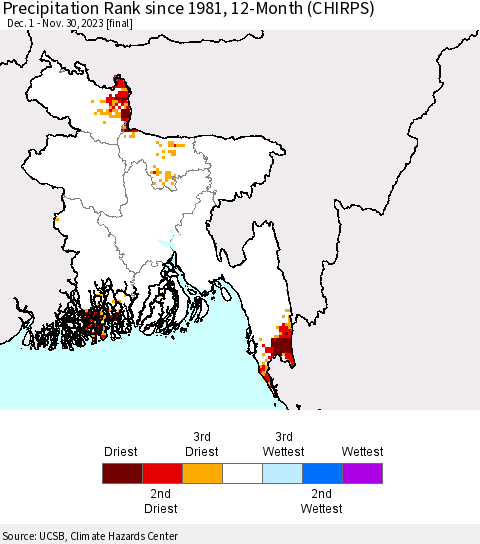 Bangladesh Precipitation Rank since 1981, 12-Month (CHIRPS) Thematic Map For 12/1/2022 - 11/30/2023