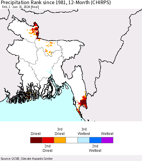 Bangladesh Precipitation Rank since 1981, 12-Month (CHIRPS) Thematic Map For 2/1/2023 - 1/31/2024