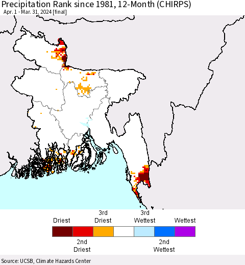 Bangladesh Precipitation Rank since 1981, 12-Month (CHIRPS) Thematic Map For 4/1/2023 - 3/31/2024