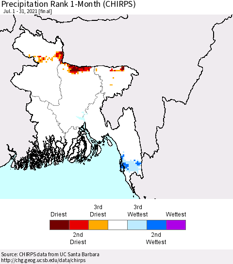 Bangladesh Precipitation Rank since 1981, 1-Month (CHIRPS) Thematic Map For 7/1/2021 - 7/31/2021