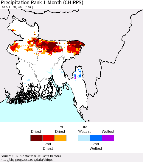 Bangladesh Precipitation Rank since 1981, 1-Month (CHIRPS) Thematic Map For 9/1/2021 - 9/30/2021