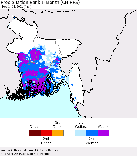 Bangladesh Precipitation Rank since 1981, 1-Month (CHIRPS) Thematic Map For 12/1/2021 - 12/31/2021