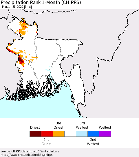 Bangladesh Precipitation Rank since 1981, 1-Month (CHIRPS) Thematic Map For 3/1/2022 - 3/31/2022