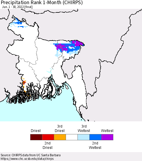Bangladesh Precipitation Rank since 1981, 1-Month (CHIRPS) Thematic Map For 6/1/2022 - 6/30/2022