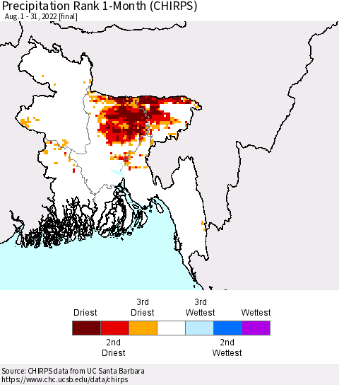 Bangladesh Precipitation Rank since 1981, 1-Month (CHIRPS) Thematic Map For 8/1/2022 - 8/31/2022