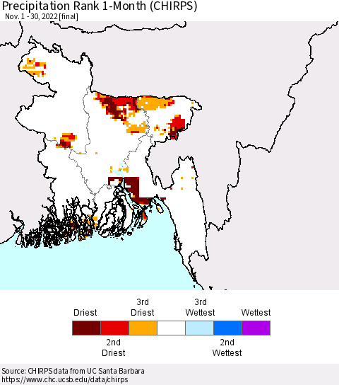 Bangladesh Precipitation Rank since 1981, 1-Month (CHIRPS) Thematic Map For 11/1/2022 - 11/30/2022