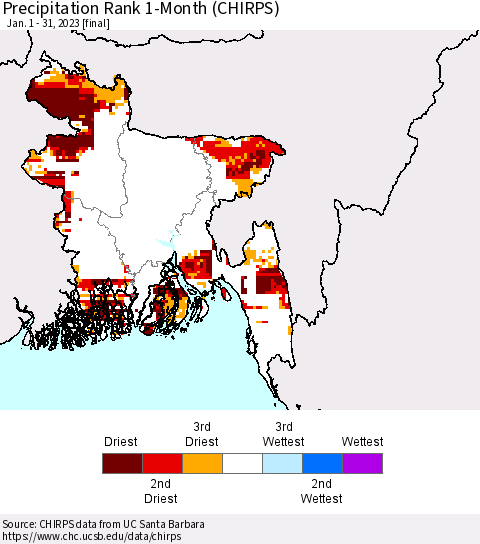Bangladesh Precipitation Rank since 1981, 1-Month (CHIRPS) Thematic Map For 1/1/2023 - 1/31/2023
