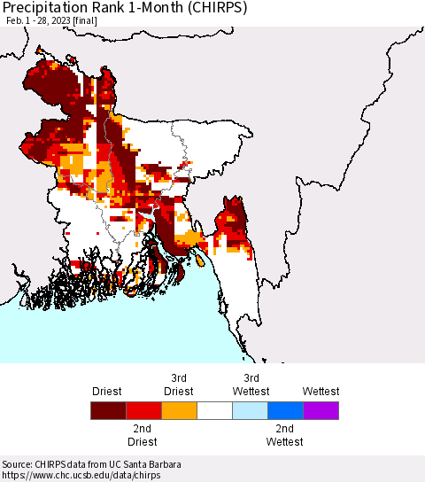Bangladesh Precipitation Rank since 1981, 1-Month (CHIRPS) Thematic Map For 2/1/2023 - 2/28/2023