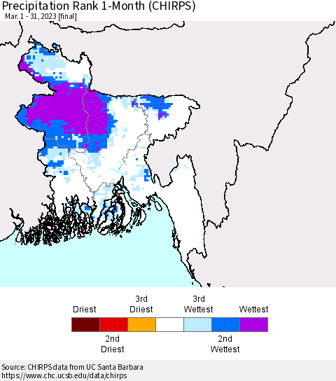 Bangladesh Precipitation Rank since 1981, 1-Month (CHIRPS) Thematic Map For 3/1/2023 - 3/31/2023