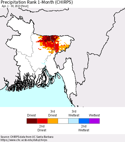 Bangladesh Precipitation Rank since 1981, 1-Month (CHIRPS) Thematic Map For 4/1/2023 - 4/30/2023