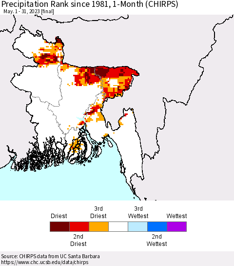 Bangladesh Precipitation Rank since 1981, 1-Month (CHIRPS) Thematic Map For 5/1/2023 - 5/31/2023