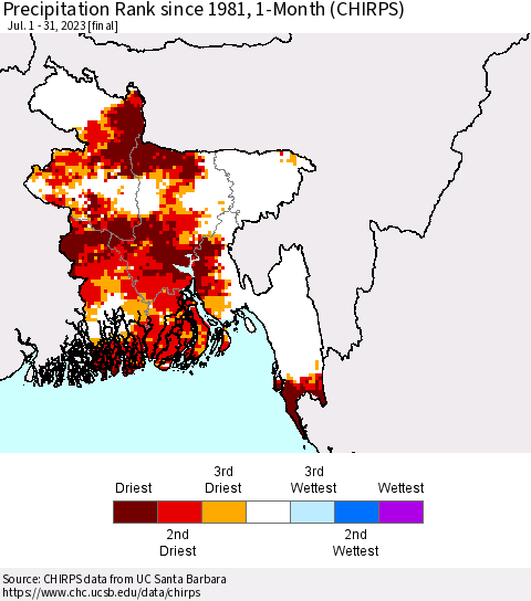 Bangladesh Precipitation Rank since 1981, 1-Month (CHIRPS) Thematic Map For 7/1/2023 - 7/31/2023