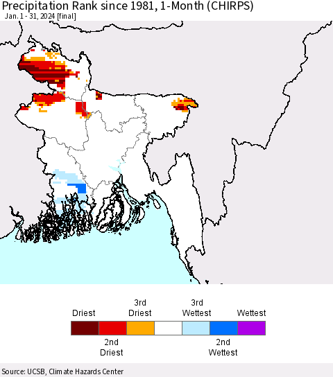 Bangladesh Precipitation Rank since 1981, 1-Month (CHIRPS) Thematic Map For 1/1/2024 - 1/31/2024