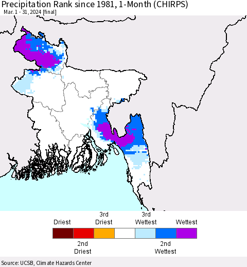 Bangladesh Precipitation Rank since 1981, 1-Month (CHIRPS) Thematic Map For 3/1/2024 - 3/31/2024