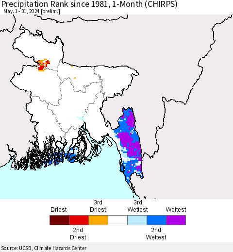 Bangladesh Precipitation Rank since 1981, 1-Month (CHIRPS) Thematic Map For 5/1/2024 - 5/31/2024
