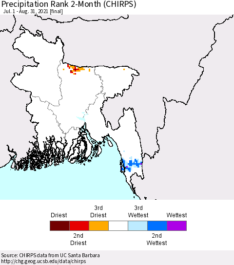 Bangladesh Precipitation Rank since 1981, 2-Month (CHIRPS) Thematic Map For 7/1/2021 - 8/31/2021