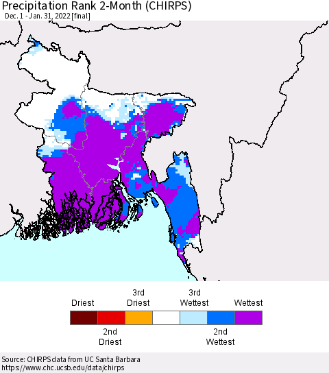 Bangladesh Precipitation Rank since 1981, 2-Month (CHIRPS) Thematic Map For 12/1/2021 - 1/31/2022