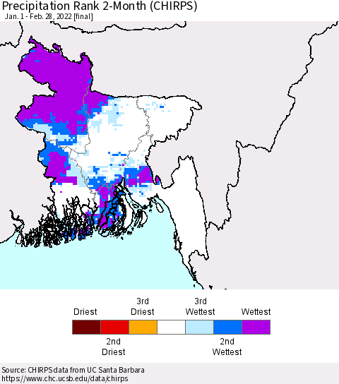 Bangladesh Precipitation Rank since 1981, 2-Month (CHIRPS) Thematic Map For 1/1/2022 - 2/28/2022