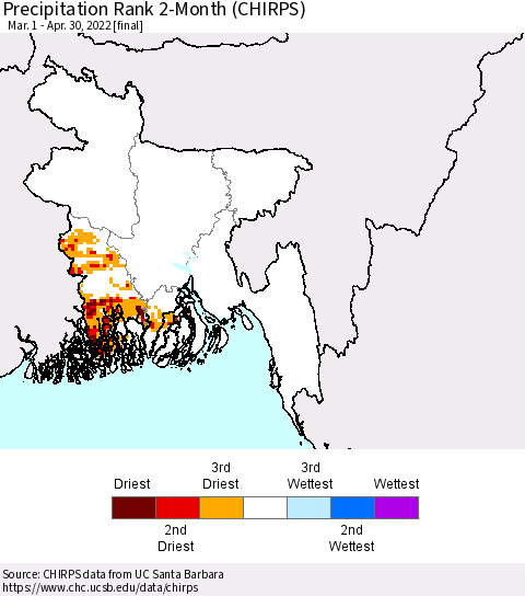 Bangladesh Precipitation Rank since 1981, 2-Month (CHIRPS) Thematic Map For 3/1/2022 - 4/30/2022