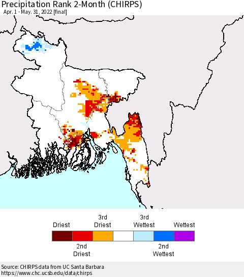 Bangladesh Precipitation Rank since 1981, 2-Month (CHIRPS) Thematic Map For 4/1/2022 - 5/31/2022