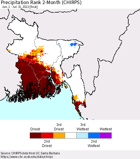 Bangladesh Precipitation Rank since 1981, 2-Month (CHIRPS) Thematic Map For 6/1/2022 - 7/31/2022